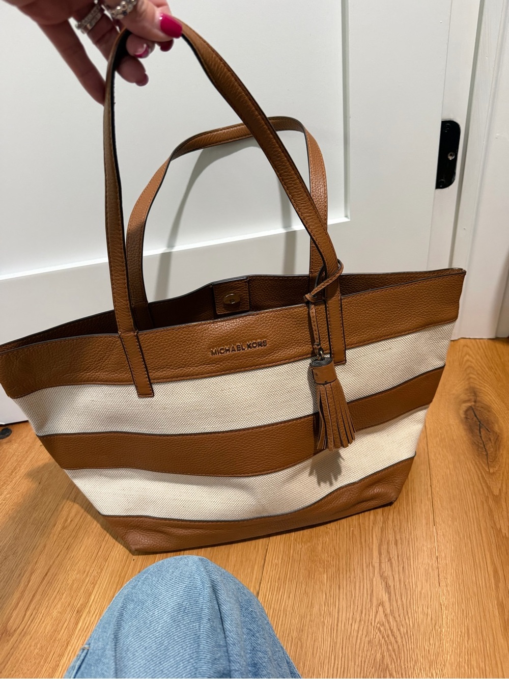 Michael Kors Brown and Cream Striped Leather-Trim Tote